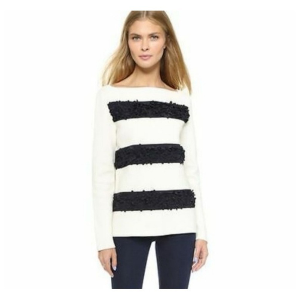 Tory Burch Flutter Flower Striped Top Bateau Neck Ivory Blue Long Sleeves SZ‎ M